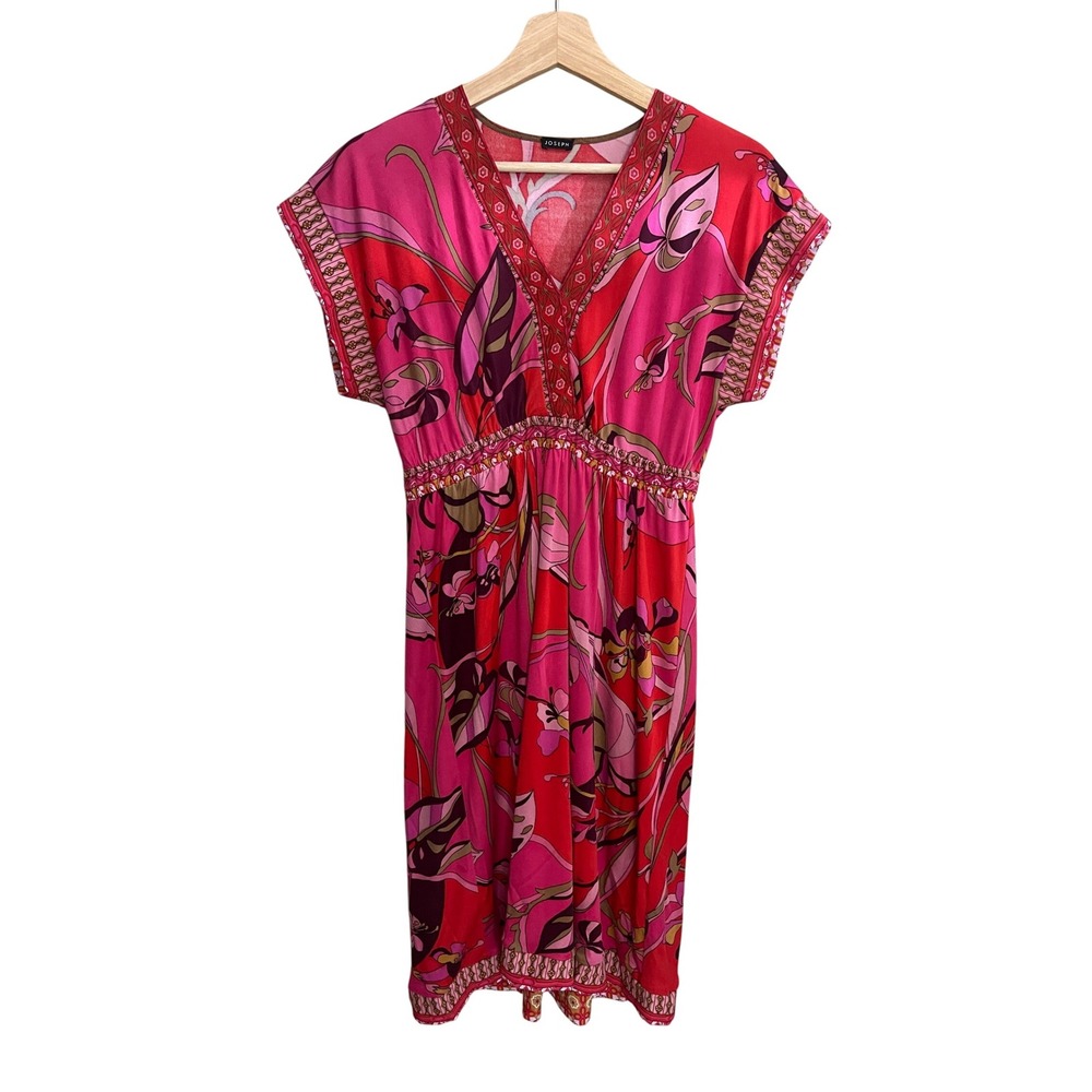 Joseph Silk Dress Floral Print V-Neck Short‎ Sleeve Colorful Pink Red Size S